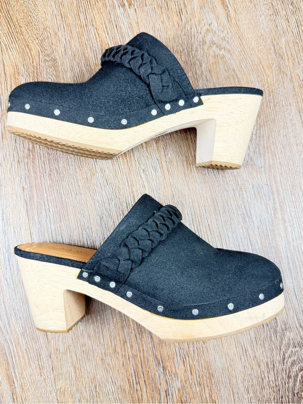 J.Crew Suede Braided Platform Clogs Black Silver Studded Wood Heel BJ249 | 6.5